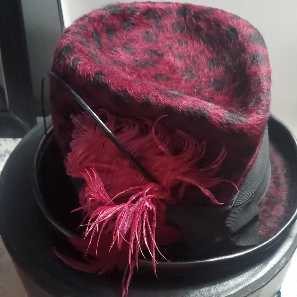 Cha Cha's Custom Made Leopard Print Red and Black Hat with Feather